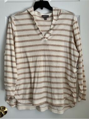Style & Co. Cream and Tan Striped Hooded V-Neck Pullover